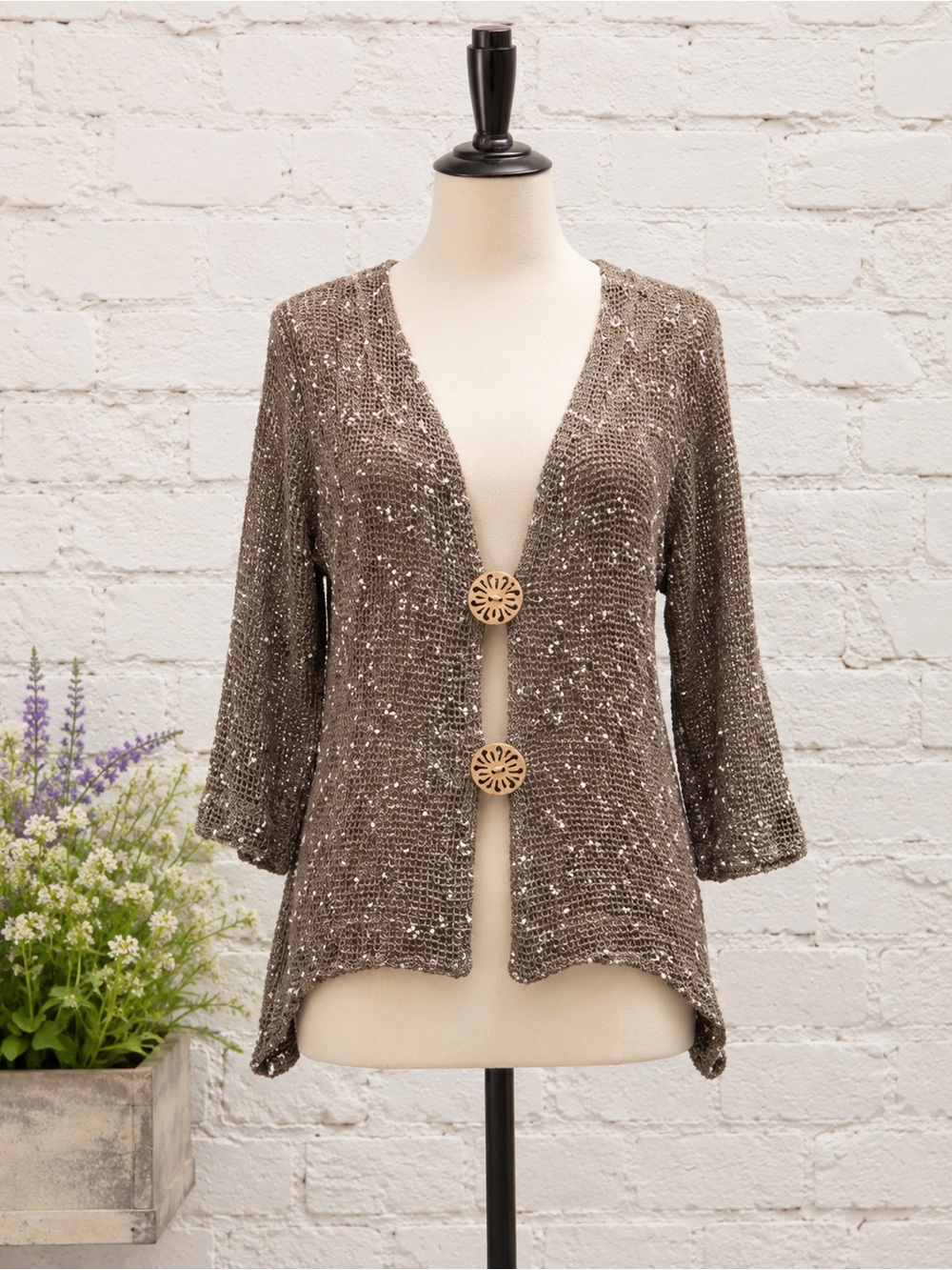 Nina Leonard Brown Crochet Open-Weave Cardigan